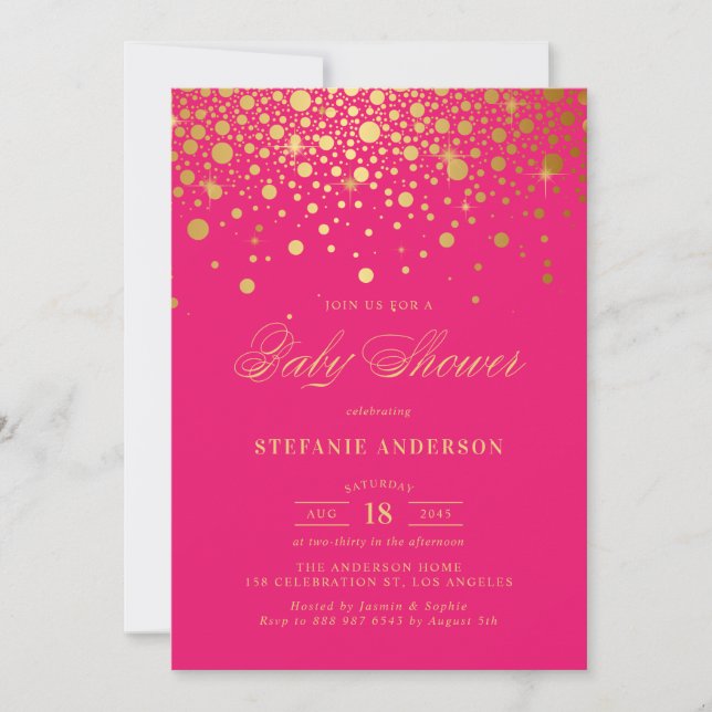 Invitación Confeti de Lámina de Oro Falso Rosa Fuerte para Ba (Anverso)