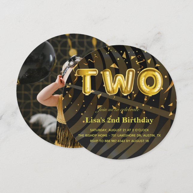 Invitación Confeti de lujo negro y oro de 2º cumpleaños (Anverso / Reverso)