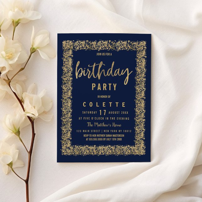 Invitación Confeti de oro azul marino simple (Simple navy blue gold confetti Birthday Party )