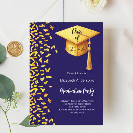 Invitación Confeti de oro azul oscuro