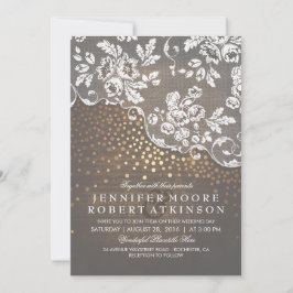 Invitación Confeti de oro de madera rústica y encaje elegante