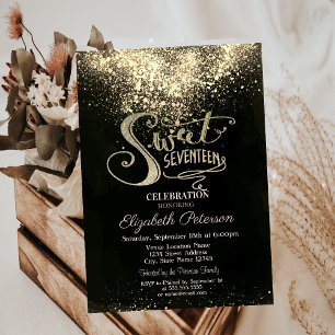 Invitación Confeti de Oro Elegante, Dulces 17 Negros