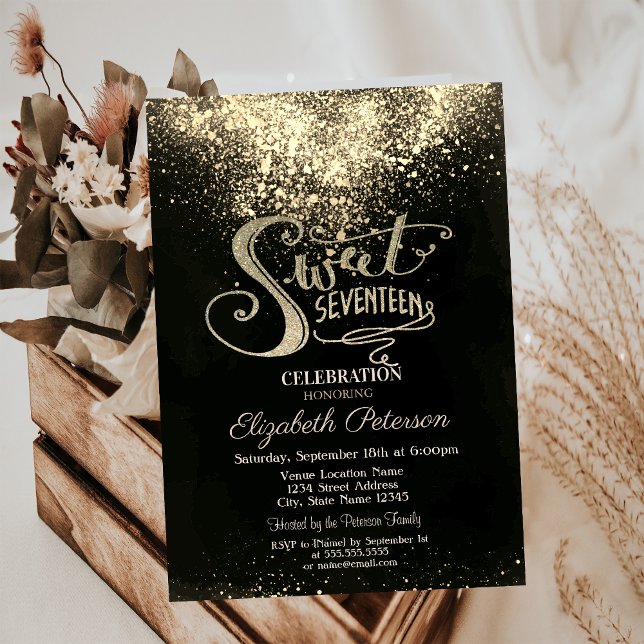 Invitación Confeti de Oro Elegante, Dulces 17 Negros (Subido por el creador)