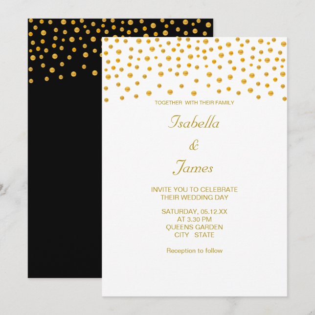 Invitación Confeti de Oro Elegante sobre Blanco y Negro (Anverso / Reverso)