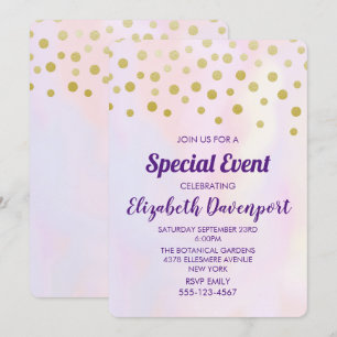 Invitación Confeti de Oro Falso en Fiesta de Acuarela Púrpura