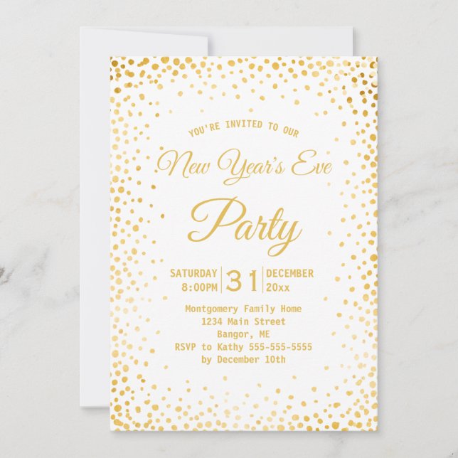 Invitación Confeti de Oro Falso Fiesta de Nochevieja Blanco (Anverso)