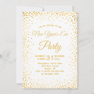 Invitación Confeti de Oro Falso Fiesta de Nochevieja Blanco