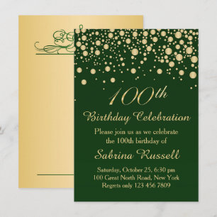 Invitación Confeti de oro, fiesta de cumpleaños verde oscuro