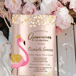 Invitación Confeti de oro Flamingo rosa Quinceañera de oro ro