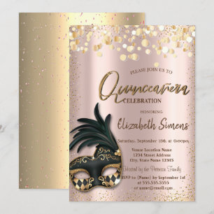 Invitación Confeti de Oro Máscara Rosa Dorado Quinceañera