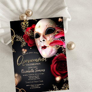 Invitación Confeti de oro Máscara Rosas rojas Quinceañera