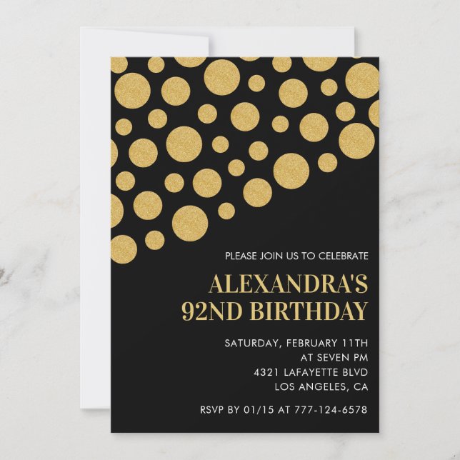 Invitación Confeti de oro negro chic cumpleaños 92 (Anverso)