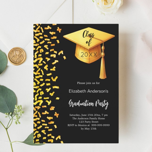 Invitación Confeti de oro negro de la fiesta de graduación (Subido por el creador)