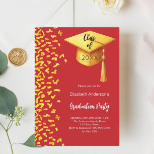 Invitación Confeti de oro rojo de la fiesta de graduación
