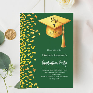 Invitación Confeti de oro verde de la fiesta de graduación
