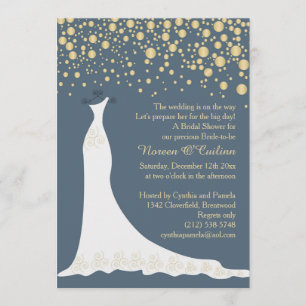 Invitación Confeti de oro, vestido con una ducha azul gris de