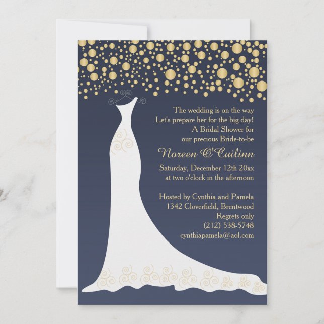 Invitación Confeti de oro, vestido de boda en ducha azul de n (Anverso)