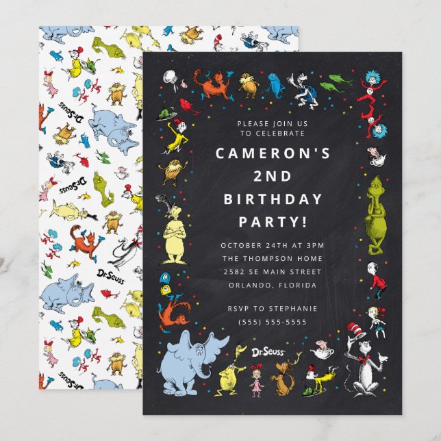 Invitación Confeti de Personajes de Dr. Seuss | Cumpleaños de (Anverso / Reverso)
