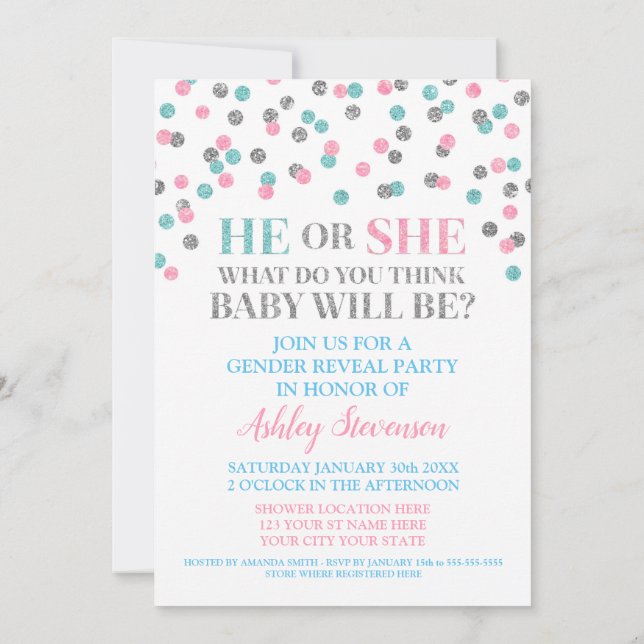 Invitación Confeti de plata azul rosa género ducha reveladora (Reverso)