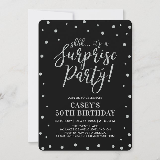 Invitación Confeti de Plata & Negro | Fiesta de Cumpleaños So (Anverso)