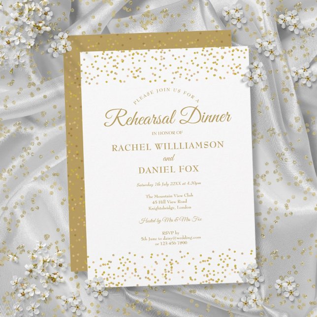 Invitación Confeti de Polvo de Oro Cena de Ensayo de Boda (Gold Dust Confetti Wedding Rehearsal Dinner Invitation)