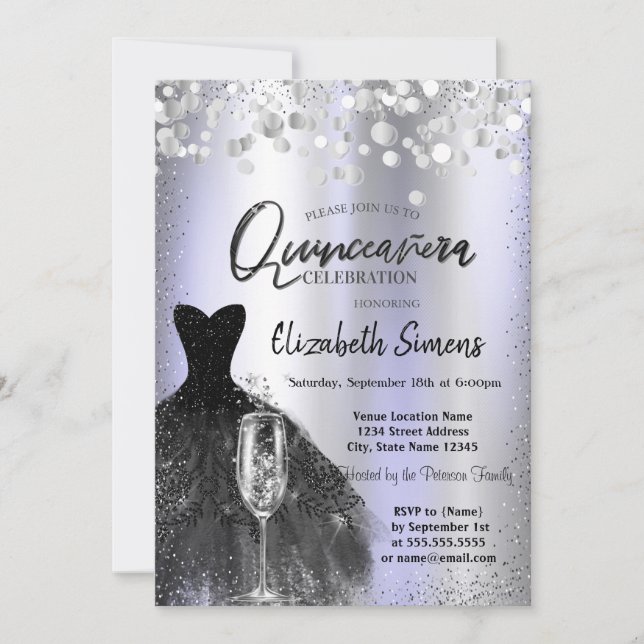Invitación Confeti de puntos, vestido negro, copa de violeta  (Anverso)
