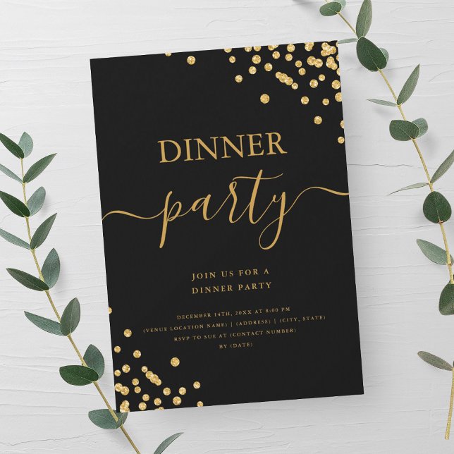 Invitación Confeti de purpurina dorada guión Cena Fiestero Ne (Gold Glitter Confetti Script Dinner Party Black Invitation)
