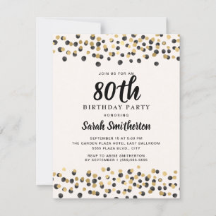 Invitación Confeti de Purpurina Dorado Negro Cumpleaños 80