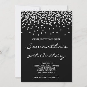 Invitación Confeti de purpurina plateada pálida negra