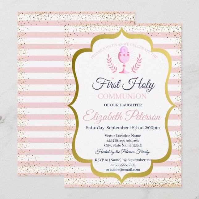 Invitación Confeti de Rayas Rosadas Primera Comunión (Anverso / Reverso)