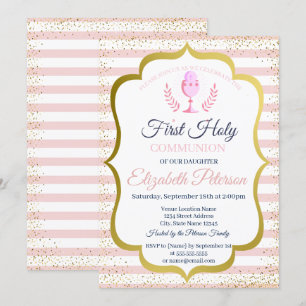 Invitación Confeti de Rayas Rosadas Primera Comunión