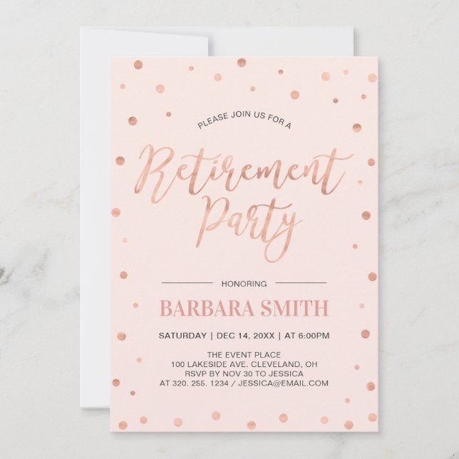 Invitación Confeti de Rosa Dorado | Fiesta de Jubilación Mode (Anverso)