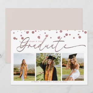 Invitación Confeti de Rose Gold Collage de Fotos Graduación