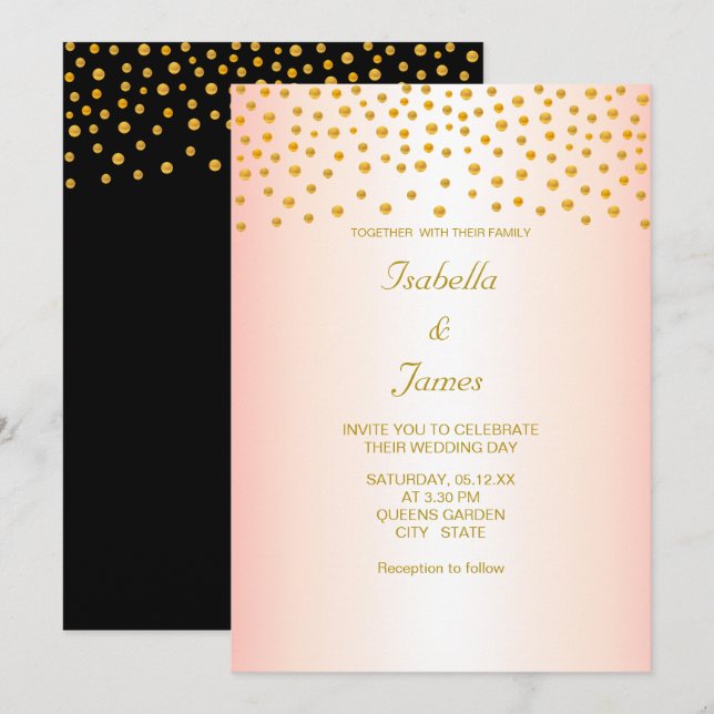 Invitación Confeti dorado chic sobre negro y rosa oro (Anverso / Reverso)