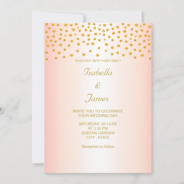 Invitación Confeti dorado chic sobre rosa oro (Anverso)