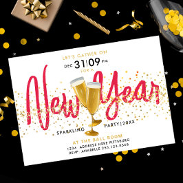 Invitación Confeti Dorado de Champán Brillante de Año Nuevo