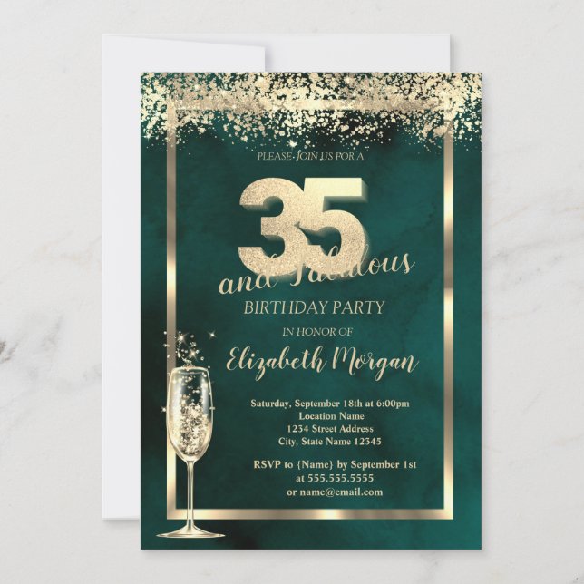 Invitación Confeti Dorado de Copa de Champán Cumpleaños 35 Ve (Anverso)