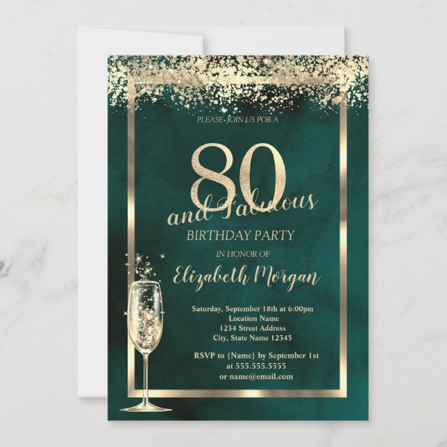 Invitación Confeti Dorado de Copa de Champán Verde Cumpleaños (Anverso)