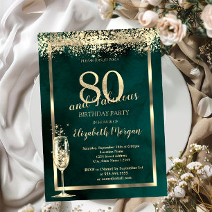 Invitación Confeti Dorado de Copa de Champán Verde Cumpleaños