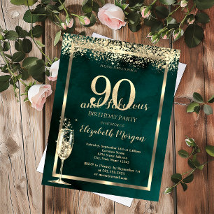 Invitación Confeti Dorado de Copa de Champán Verde Cumpleaños