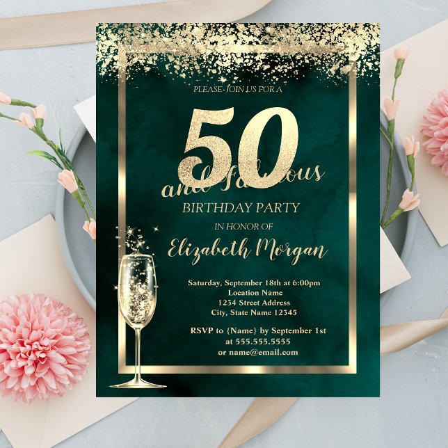 Invitación Confeti Dorado de Copa de Champán Verde Cumpleaños (Subido por el creador)