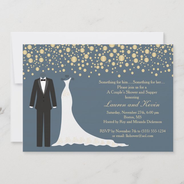 Invitación Confeti dorado, ducha de bodas de tuxedo y de bata (Anverso)