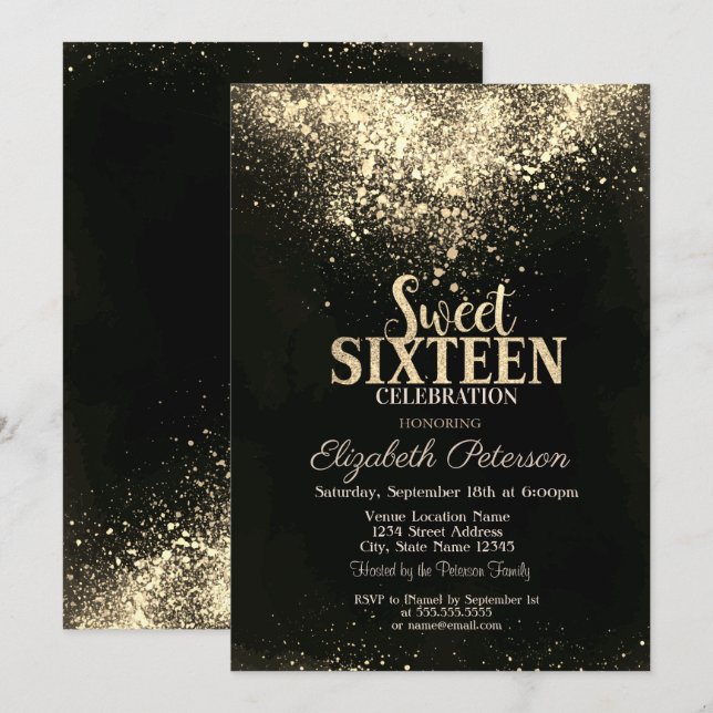 Invitación Confeti Dorado Elegante, Dulces 16 Negros (Anverso / Reverso)