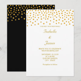 Invitación Confeti dorado elegante sobre negro y blanco