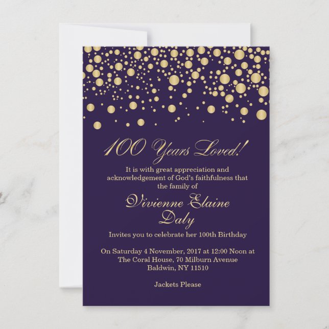 Invitación Confeti dorado en fiesta de cumpleaños 100 mortale (Anverso)