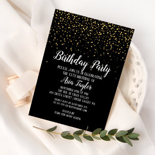 Invitación Confeti Dorado en Fiesta de Cumpleaños Negra