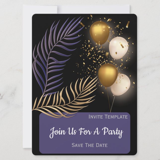 Invitación Confeti Dorado, Globos Fiesta (Anverso)