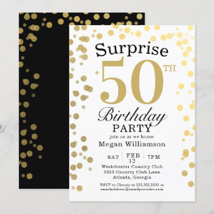 Invitación Confeti Dorado Moderno Sorpresa Cumpleaños 50 Negr