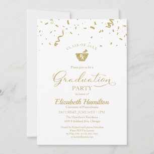 Invitación Confeti Dorado para Fiesta de Graduación de Farmac