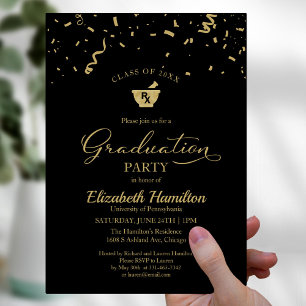 Invitación Confeti Dorado para Fiesta de Graduación de Farmac